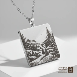 گردنبند طرح رودخانه و کوهستان در زمستان (حکاکی لیزری فایبر، مدل قاب مربع) کد 503158
