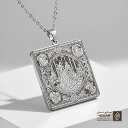 گردنبند طرح سفیدبرفی در قاب اسلیمی (حکاکی لیزری فایبر، مدل قاب مربع) کد 503177