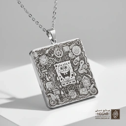 گردنبند طرح باب اسفنجی و جزئیات شلوغ (حکاکی لیزری فایبر، مدل قاب مربع) کد 503241