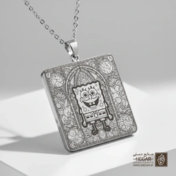 گردنبند طرح باب اسفنجی در قاب قوسی (حکاکی لیزری فایبر، مدل قاب مربع) کد 503251