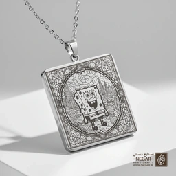 گردنبند طرح باب اسفنجی و آسمان ابری (حکاکی لیزری فایبر، مدل قاب مربع) کد 503254