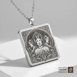 گردنبند طرح پرنسس لیا و نقوش اسلیمی (حکاکی لیزری فایبر، مدل قاب مربع) کد 503295