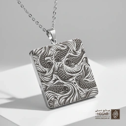 گردنبند طرح تابلو ماهی کوی و امواج (Koi Fish Pattern) (حکاکی لیزری فایبر، مدل قاب مربع) کد 503411