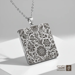 گردنبند طرح الگوی اسلیمی ظریف استنسیل (Stencil Pattern ) (حکاکی لیزری فایبر، مدل قاب مربع) کد 503414