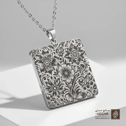 گردنبند طرح پترن گل و اسلیمی متراکم (حکاکی لیزری فایبر، مدل قاب مربع) کد 503417
