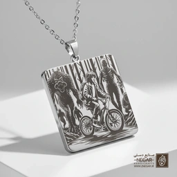 گردنبند طرح مایک روی دوچرخه و سایه ترسناک هیولا (حکاکی لیزری فایبر، مدل قاب مربع) کد 503441