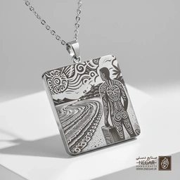 گردنبند طرح ساحل و موج‌سوار عضلانی (حکاکی لیزری فایبر، مدل قاب مربع) کد 503460