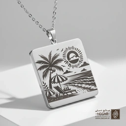 گردنبند طرح مینیمال طلوع خورشید و نخل تکی (حکاکی لیزری فایبر، مدل قاب مربع) کد 503463