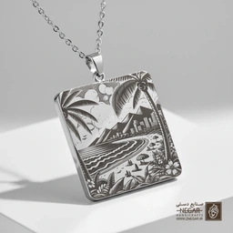 گردنبند طرح شب ساحلی و ماه تابان (حکاکی لیزری فایبر، مدل قاب مربع) کد 503466