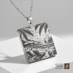 گردنبند طرح استراحت در ساحل و نمای قایق (حکاکی لیزری فایبر، مدل قاب مربع) کد 503467