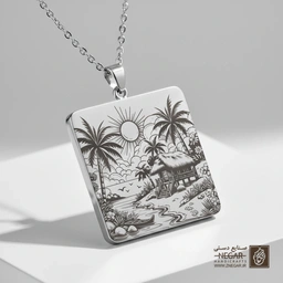 گردنبند طرح کلبه ساحلی و جزیره استوایی (حکاکی لیزری فایبر، مدل قاب مربع) کد 503474