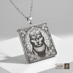 گردنبند طرح تانوس (Thanos) در قاب شیشه‌ای (حکاکی لیزری فایبر، مدل قاب مربع) کد 503510