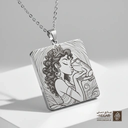 گردنبند طرح تیانا در حال زمزمه با قورباغه (حکاکی لیزری فایبر، مدل قاب مربع) کد 503558