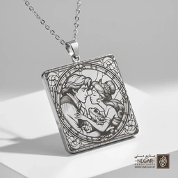 گردنبند طرح عاشقانه تیانا و شاهزاده در قاب دایره (حکاکی لیزری فایبر، مدل قاب مربع) کد 503563