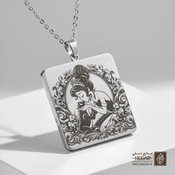 گردنبند طرح تیانا و قورباغه در قاب بیضی (حکاکی لیزری فایبر، مدل قاب مربع) کد 503565
