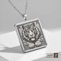 گردنبند طرح چهره ببر از روبرو با قاب گل‌دار (حکاکی لیزری فایبر، مدل قاب مربع) کد 503573
