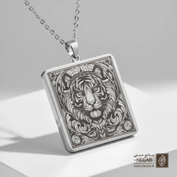 گردنبند طرح ببر در قاب سنتی و کلاسیک (حکاکی لیزری فایبر، مدل قاب مربع) کد 503574