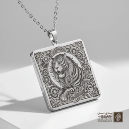گردنبند طرح ببر در قاب دایره‌ای اسلیمی (حکاکی لیزری فایبر، مدل قاب مربع) کد 503577
