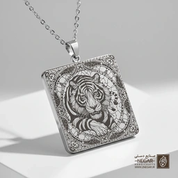 گردنبند طرح ببر با قاب متقارن و هندسی (حکاکی لیزری فایبر، مدل قاب مربع) کد 503584