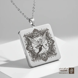 گردنبند طرح پرواز تینکربل در قاب مربعی (حکاکی لیزری فایبر، مدل قاب مربع) کد 503589