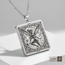 گردنبند طرح نیم‌رخ تینکربل در قاب بیضی (حکاکی لیزری فایبر، مدل قاب مربع) کد 503594
