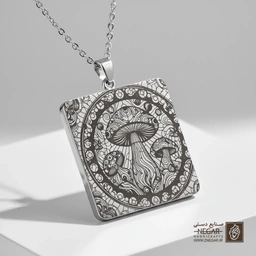 گردنبند طرح قارچ جادویی با قاب گل‌دار (حکاکی لیزری فایبر، مدل قاب مربع) کد 503657