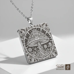 گردنبند طرح قارچ و خطوط تابشی مدرن (حکاکی لیزری فایبر، مدل قاب مربع) کد 503659