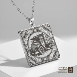 گردنبند طرح کامیون قدیمی در قاب دایره (حکاکی لیزری فایبر، مدل قاب مربع) کد 503663