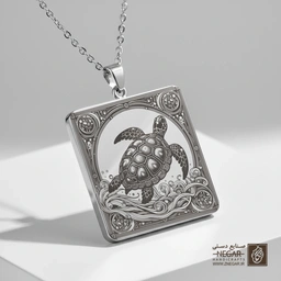 گردنبند طرح لاک‌پشت در قاب دایره‌ای موج‌دار (حکاکی لیزری فایبر، مدل قاب مربع) کد 503679