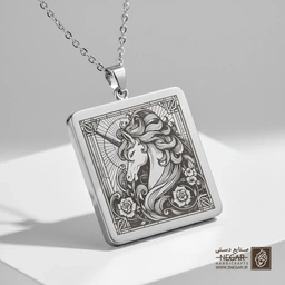 گردنبند طرح پرتره تک‌شاخ در میان گل‌های رز (حکاکی لیزری فایبر، مدل قاب مربع) کد 503729