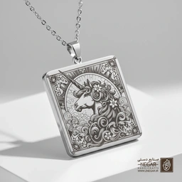 گردنبند طرح تک‌شاخ در میان ابر و ستاره (حکاکی لیزری فایبر، مدل قاب مربع) کد 503730