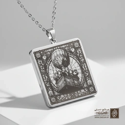 گردنبند طرح خانه و بادکنک در قاب اسلیمی (حکاکی لیزری فایبر، مدل قاب مربع) کد 503745