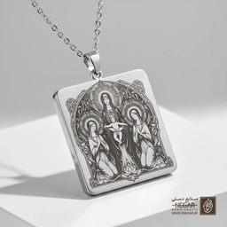 گردنبند طرح مریم مقدس و فرشتگان (حکاکی لیزری فایبر، مدل قاب مربع) کد 503769