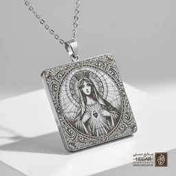 گردنبند طرح مریم مقدس و قلب نورانی (حکاکی لیزری فایبر، مدل قاب مربع) کد 503775