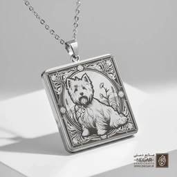 گردنبند طرح سگ وستی نشسته با قاب تزئینی (حکاکی لیزری فایبر، مدل قاب مربع) کد 503814