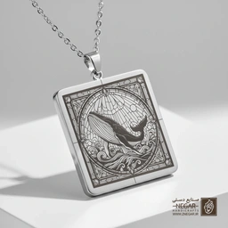 گردنبند طرح نهنگ در قاب اقیانوس (حکاکی لیزری فایبر، مدل قاب مربع) کد 503818