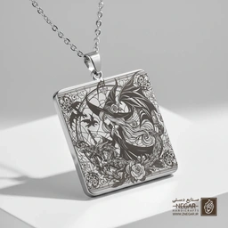گردنبند طرح نیم‌رخ جادوگر و پرندگان (حکاکی لیزری فایبر، مدل قاب مربع) کد 503850