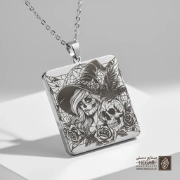 گردنبند طرح جادوگر و جمجمه رز (حکاکی لیزری فایبر، مدل قاب مربع) کد 503856