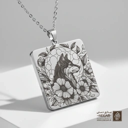 گردنبند طرح گرگ و گل (Wolf ) (حکاکی لیزری فایبر، مدل قاب مربع) کد 503863