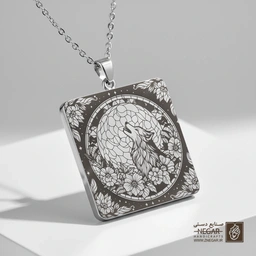 گردنبند طرح گرگ در حال زوزه و قاب اسلیمی (حکاکی لیزری فایبر، مدل قاب مربع) کد 503877