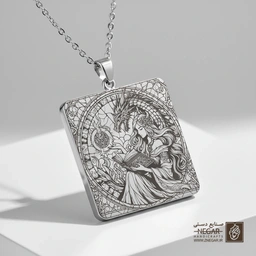 گردنبند طرح ساحره کتاب‌خوان و اژدها (حکاکی لیزری فایبر، مدل قاب مربع) کد 503880