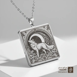گردنبند طرح گرگ و ماه در شب اتمسفریک (حکاکی لیزری فایبر، مدل قاب مربع) کد 503885