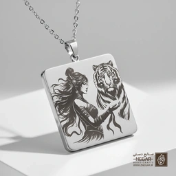 گردنبند طرح زن جنگجو و ببر خروشان (حکاکی لیزری فایبر، مدل قاب مربع) کد 503900