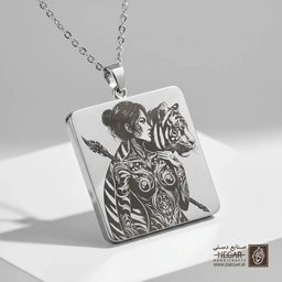 گردنبند طرح پرتره زن و ببر اسلیمی (حکاکی لیزری فایبر، مدل قاب مربع) کد 503904