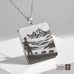 گردنبند طرح گاوچران و کوهستان یلوستون (حکاکی لیزری فایبر، مدل قاب مربع) کد 503929