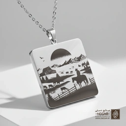 گردنبند طرح غروب در یلوستون با اسب‌سوار (حکاکی لیزری فایبر، مدل قاب مربع) کد 503934