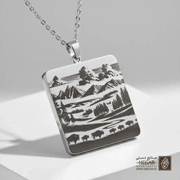 گردنبند طرح کوهستان و جاده یلوستون (حکاکی لیزری فایبر، مدل قاب مربع) کد 503943