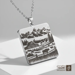 گردنبند طرح کلبه مزرعه و کوهستان (حکاکی لیزری فایبر، مدل قاب مربع) کد 503947