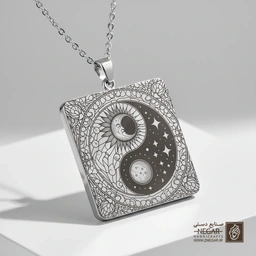 گردنبند طرح یینگ و یانگ خورشید و ماه (حکاکی لیزری فایبر، مدل قاب مربع) کد 503948