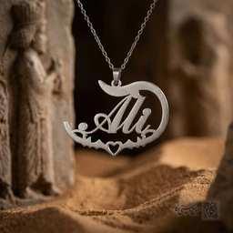 گردنبند اسم Ali لاتین داخل کادر اسلیمی کد 7405